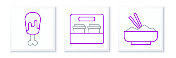 用筷子、鸡腿和咖啡杯把米饭放在碗里。向量图片下载