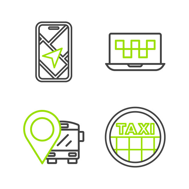 设置线出租车车顶，位置与公共汽车，笔记本电脑呼叫出租车服务和城市地图导航图标。向量图片下载