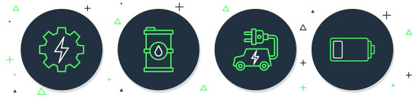 设置线生物燃料桶，电动汽车，齿轮和闪电和电池图标。向量图片下载