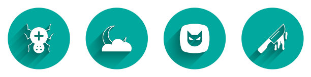 集蜘蛛，月亮和星星，黑猫和血刀图标与长阴影。向量图片下载