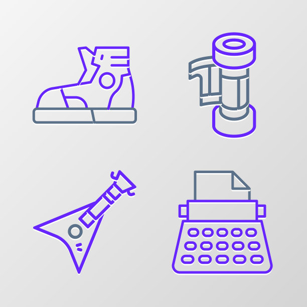 设置线复古打字机，电贝斯吉他，相机卷墨盒和运动鞋图标。向量图片下载