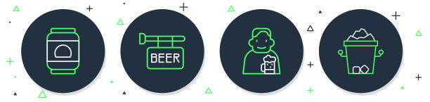 设置线街招牌啤酒，快乐的人啤酒，罐头和冰桶的图标。向量图片下载