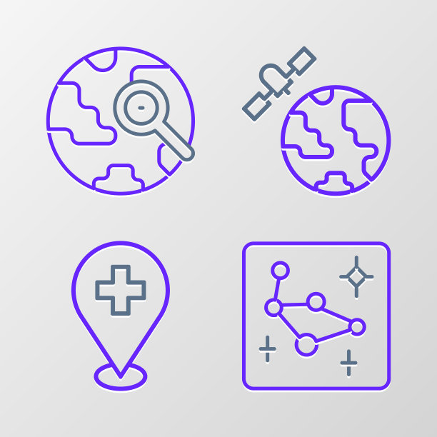 设置线大熊星座，医疗位置与十字，卫星轨道上的行星和放大镜地球仪图标。向量图片下载