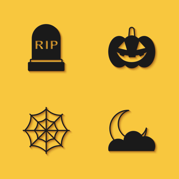设置墓碑与RIP写，月亮和星星，蜘蛛网和南瓜图标与长阴影。向量图片下载