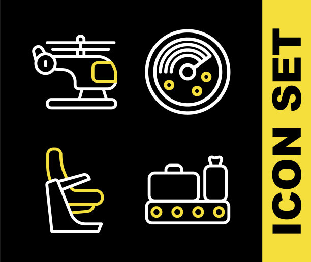 设置线雷达与目标监视器，传送带行李箱，飞机座位和直升机图标。向量图片下载