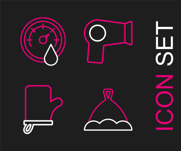 设置线桑拿帽，连指手套，吹风机和温度计图标。向量图片下载