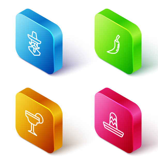 集等距线墨西哥人宽边帽，辣椒豆荚，玛格丽塔鸡尾酒和图标。向量图片下载