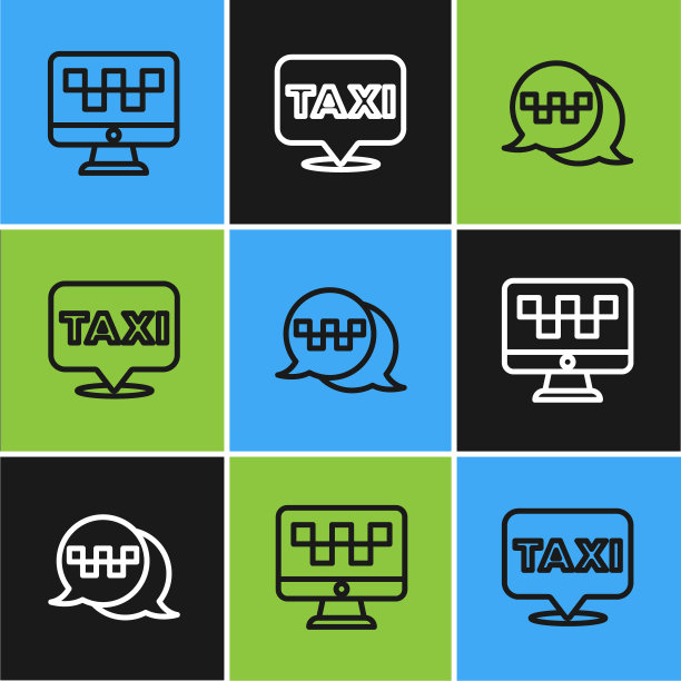 设置线路计算机呼叫出租车服务，出租车电话和位置与图标。向量图片下载