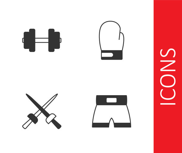 设置拳击短，哑铃，击剑和手套图标。向量图片下载
