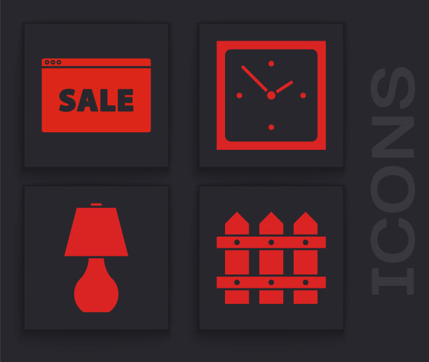 集花园栅栏木制，挂标志与文字在线销售，时钟和台灯图标。向量图片下载