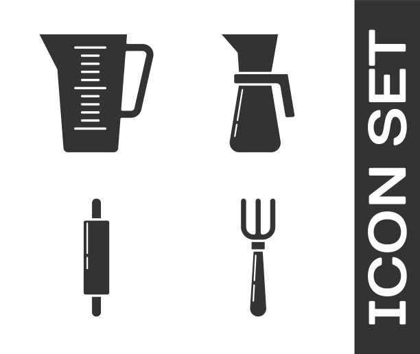 设置叉子，量杯，擀面杖和量杯图标。向量图片下载