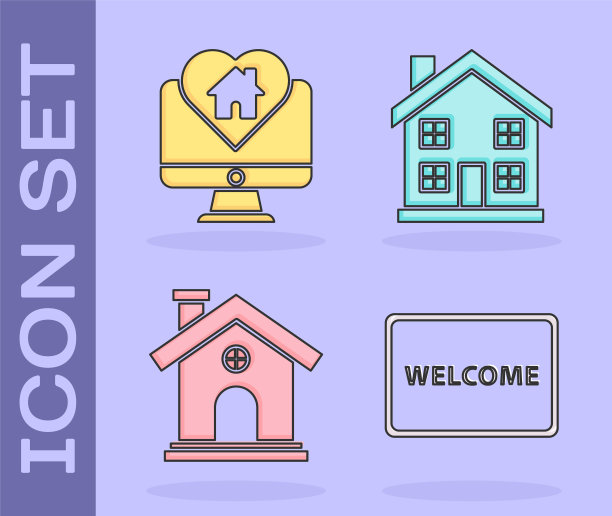 设置门垫与文字欢迎，监视器与房子在心形，房子和家庭符号图标。向量图片下载