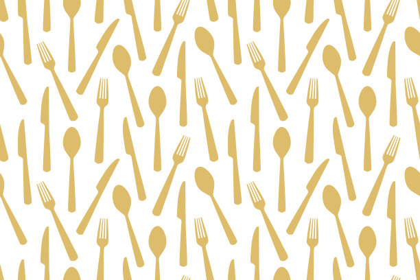 金色无缝餐具图案:勺、刀、叉;厨房，餐厅，菜单背景图片下载