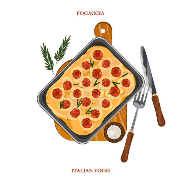 意大利佛卡夏矢量插图。佛卡夏面包的俯视图，食物成分，白色背景。图片下载