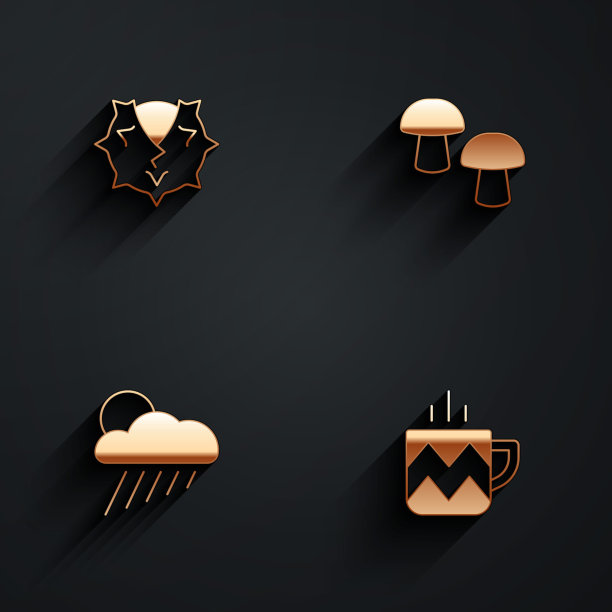 集栗子，蘑菇，云与雨和太阳和茶杯图标与长影子。向量图片下载