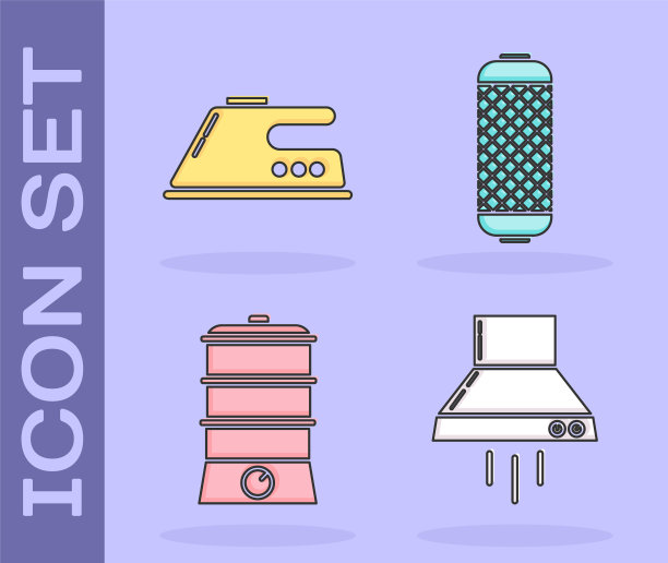 设置厨房抽风机，电熨斗，双锅炉和立体声扬声器图标。向量图片下载
