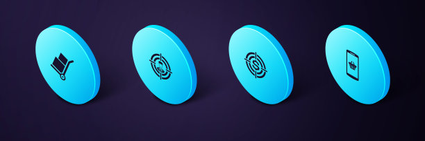 设置等距购物篮在手机上，目标与美元，猎头和手卡车和箱子的图标。向量图片下载