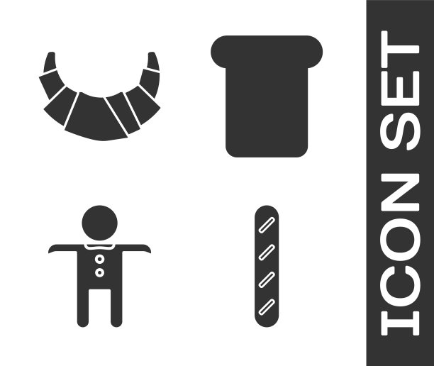 集法国长棍面包，牛角面包，节日姜饼人饼干和面包吐司图标。向量图片下载