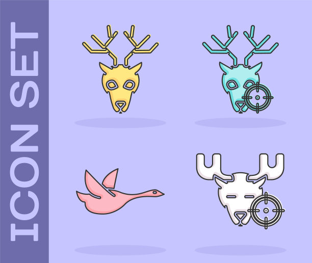 集狩猎驼鹿与十字准星，鹿头与鹿角，飞鸭和狩猎鹿与十字准星图标。向量图片下载