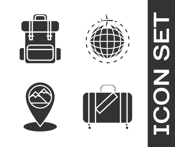 集旅行箱旅行和贴纸，徒步背包，地图指针与山和地球与飞行飞机的图标。向量图片下载