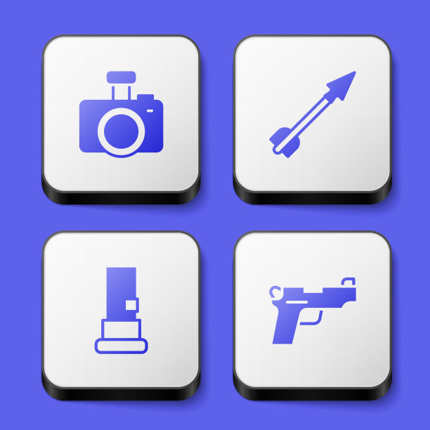 集照片相机，中世纪的箭头，弹药和手枪或枪的图标。白色方形按钮。向量图片下载