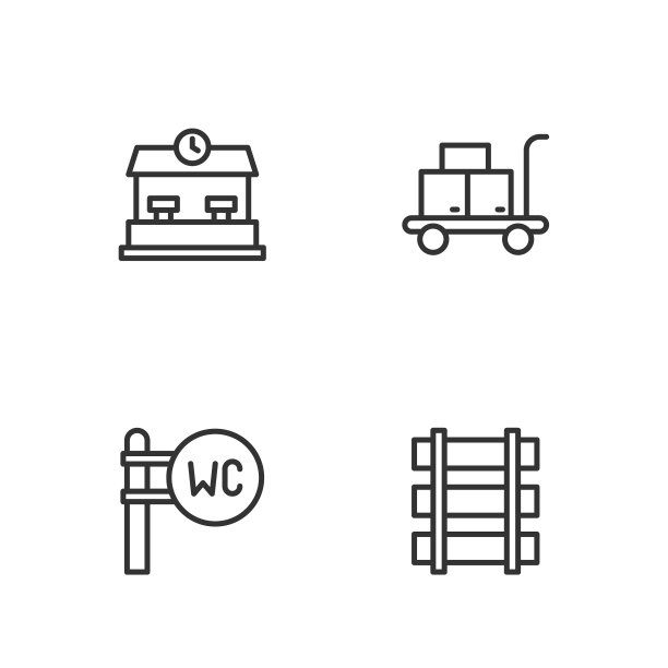集线路铁路，铁路轨道，厕所，车站和电车行李箱图标。向量图片下载