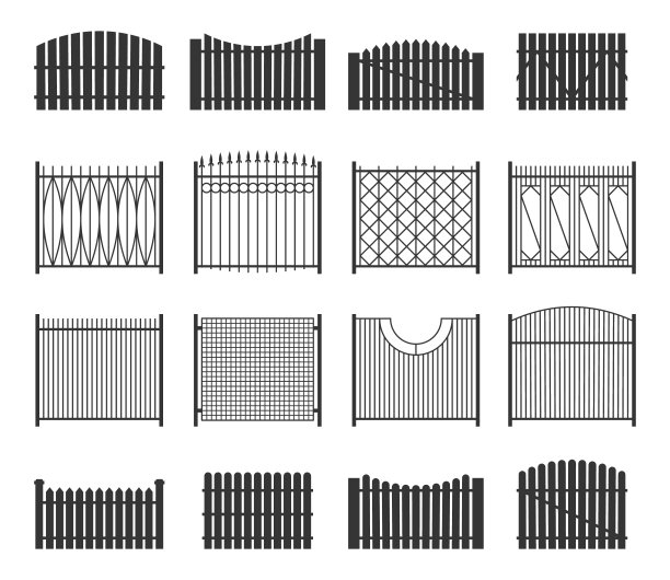 黑色栅栏系列。农场栅栏，乡村花园围墙，安全私人围栏，庭院保护。向量孤立集图片下载
