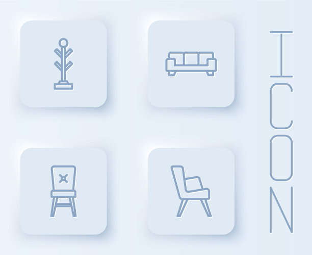 采购产品套线大衣架，沙发，椅子和扶手椅。白色方形按钮。向量图片下载