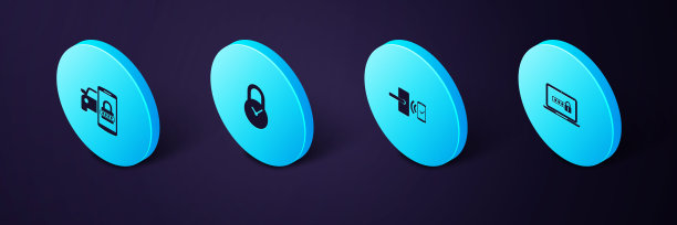 设置等距笔记本电脑密码，数字门锁无线，挂锁时钟和智能汽车安全系统图标。向量图片下载