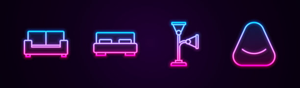 设系列沙发、大床、落地灯、靠垫。发光的霓虹灯图标。向量图片下载