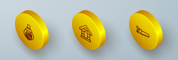 设置等距线抓鹤抓原木，狗屋和手锯图标。向量图片下载