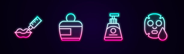 固定线丰唇，面霜或乳液化妆管，面膜。发光的霓虹灯图标。向量图片下载