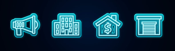 设置线路扩音器，房子，美元符号和车库。发光的霓虹灯图标。向量图片下载