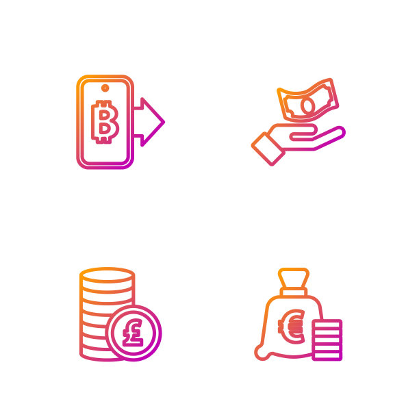 设置线硬币货币与欧元符号，英镑，采矿比特币从移动和手持。渐变颜色图标。向量图片下载