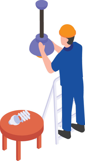 电工在梯子上更换灯泡等长概念，安装灯具在高矢量图标设计，电气工程师符号，布线专家标志，维修技术员工具库存图片下载
