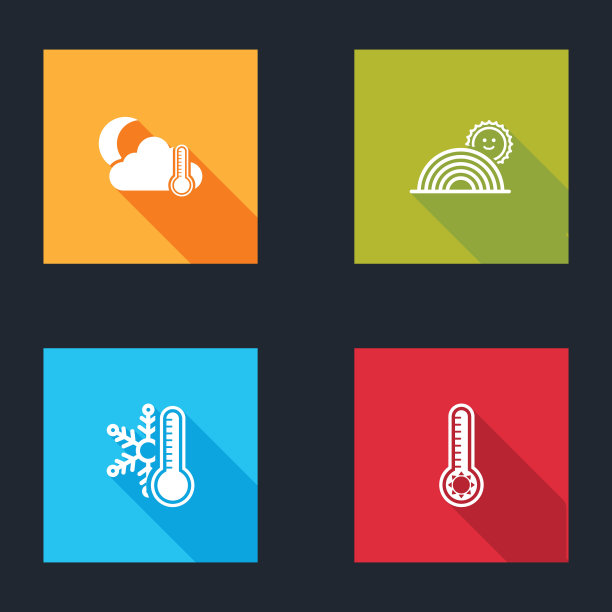 设置温度计和云，月亮，彩虹与太阳，雪花和气象温度计图标。向量图片下载