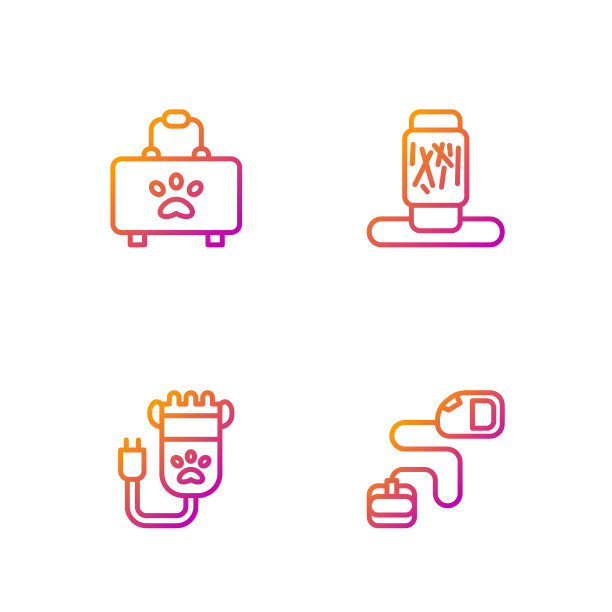 设置线可伸缩绳牵引带，剪毛宠物，宠物急救箱和猫抓柱。渐变颜色图标。向量图片下载