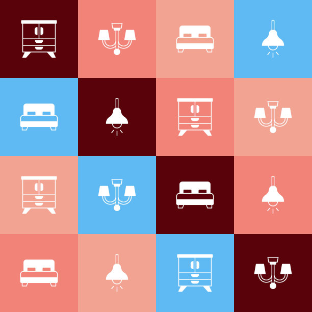 设置流行艺术抽屉柜，吊灯，大床和灯挂图标。向量图片下载