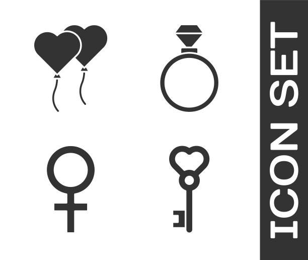 设置钥匙心形，气球在心脏的形式，女性性别符号和结婚戒指图标。向量图片下载