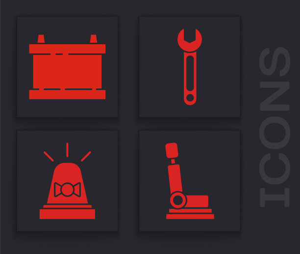 设置汽车座椅，汽车电池，扳手和闪光警报器图标。向量图片下载