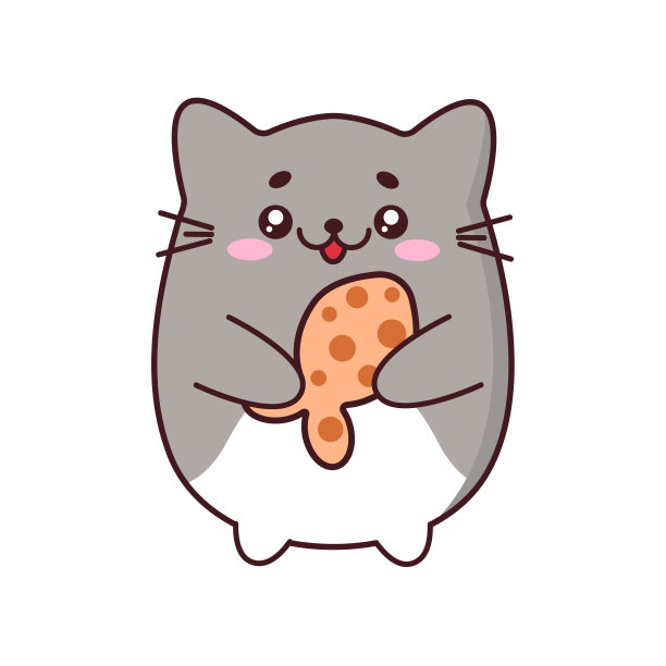 可爱风格的灰色猫咪拿着鱼饼干矢量插图图片下载