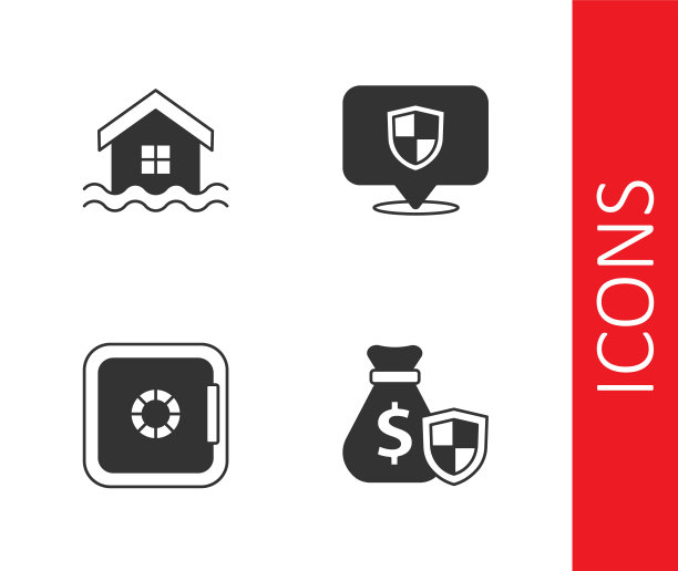 设置钱袋与盾牌，房子洪水，安全和位置图标。向量图片下载