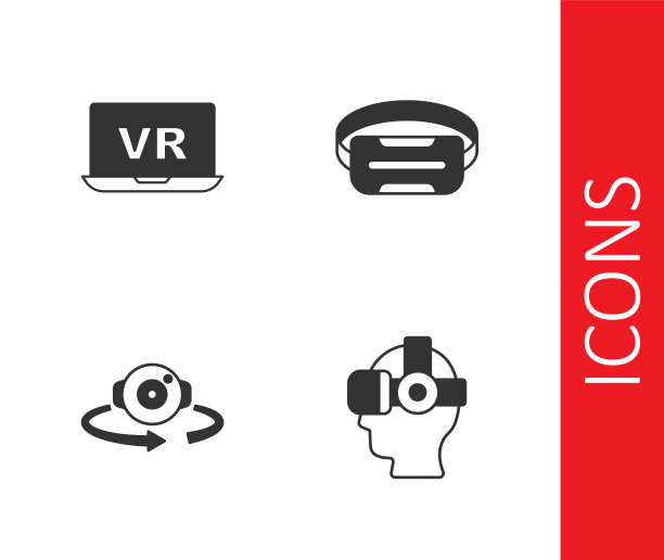 设置虚拟现实眼镜，360度视图和图标。向量图片下载