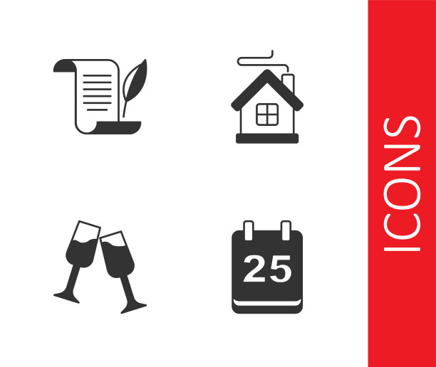 设置圣诞节日历，信封，香槟和欢乐的房子图标的玻璃。向量图片下载