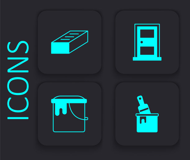 设置油漆桶与刷子，砖，关闭的门和图标。黑色方形按钮。向量图片下载