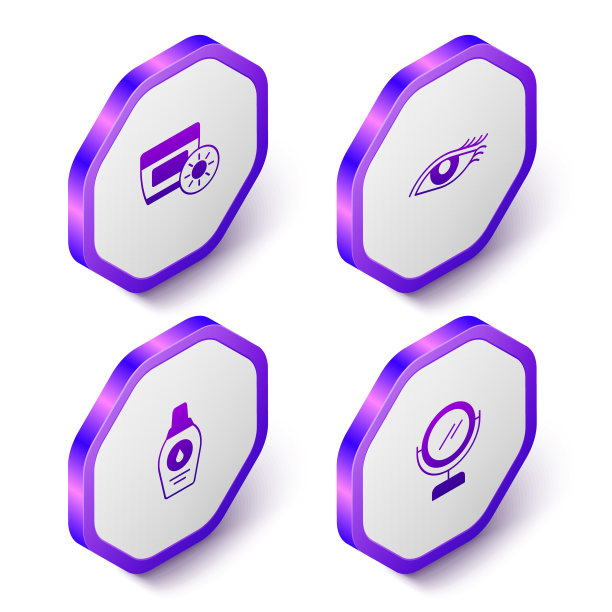 套装等距防晒乳，女士眼，瓶装洗发水和圆形化妆镜图标。紫色六边形按钮。向量图片下载