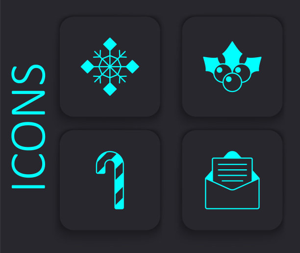 集信封，雪花，分枝豆荚和糖果手杖与条纹图标。黑色方形按钮。向量图片下载