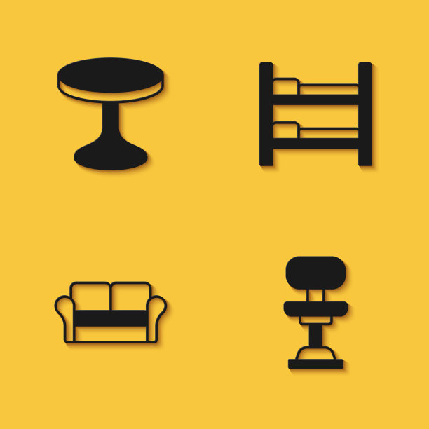 设置圆桌，办公椅，沙发和双层床图标长阴影。向量图片下载