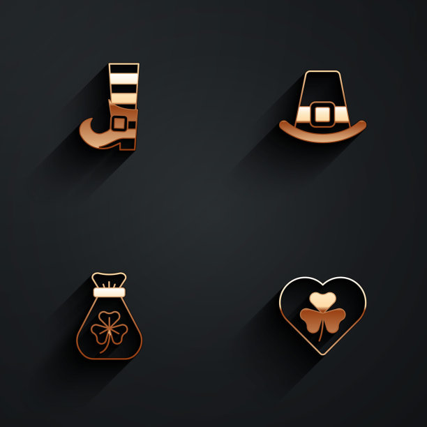 集小妖精靴子，帽子，钱袋与三叶草和心脏三叶草叶图标长阴影。向量图片下载