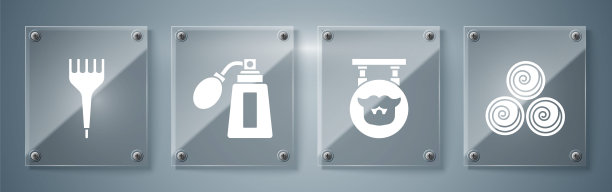 设置毛巾卷，理发店，须后水瓶与雾化器和发刷。方形玻璃板。向量图片下载